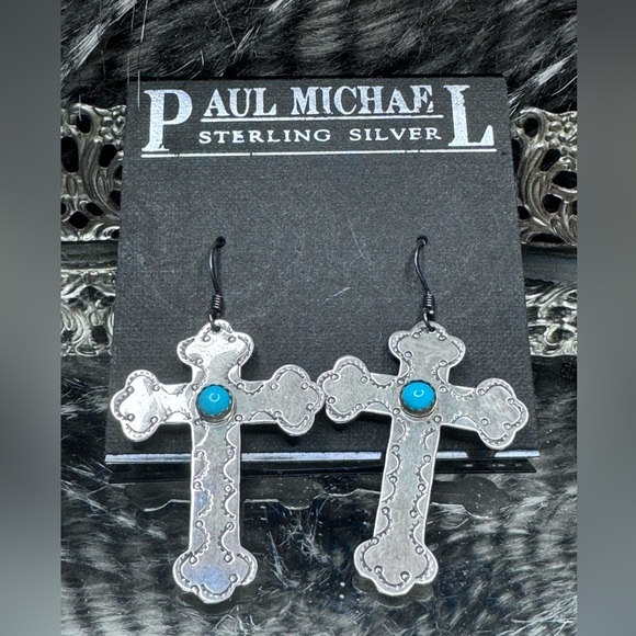Handmade Sterling Silver Turquoise Cross Earrings by Paul Michael of BR